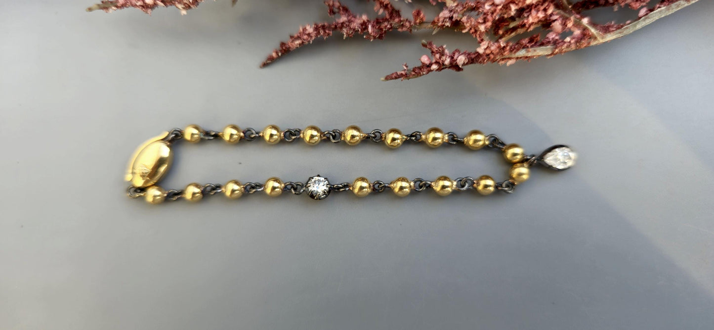 Ball n chain blackened gold button back moissanite stackable bracelet with 2 charms of your choice, mention charm shape in personalization