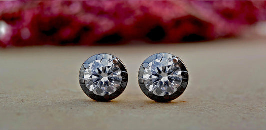 Round Moissanite button back Georgian cut down studs, statement earring, blackened gold earrings, studs earrings for women