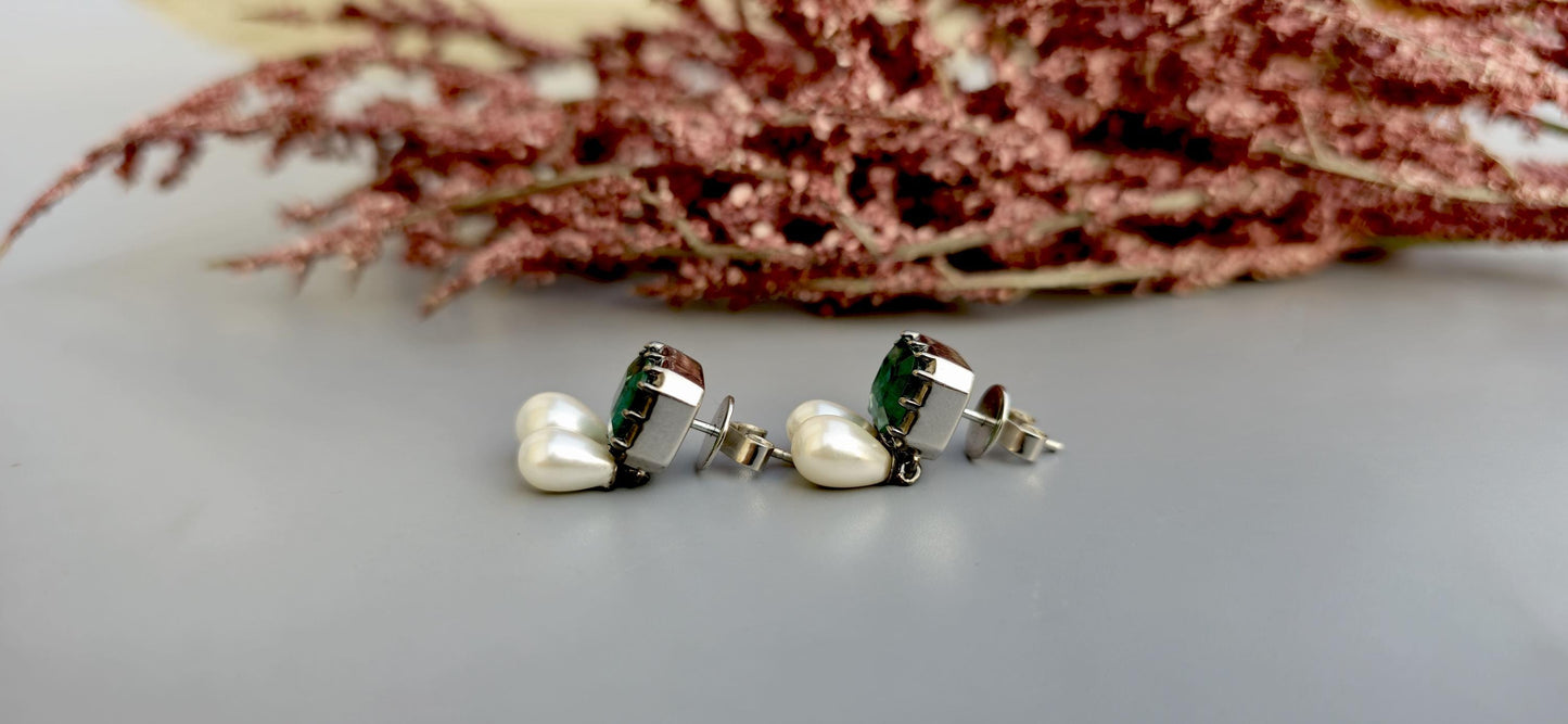 Lab grown Emerald with inclusion Georgian cut down Emerald studs with dangling pearl, statement earring, blackened gold earrings.