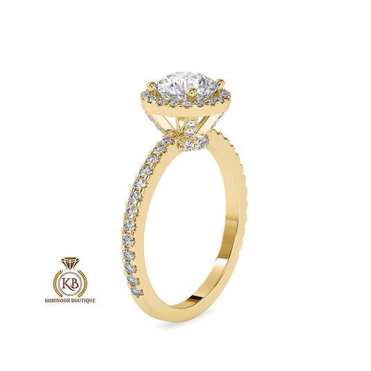 Round Cut Moissanite Double Halo with Under Halo, side U cut pave band with pave basket Engagement ring.