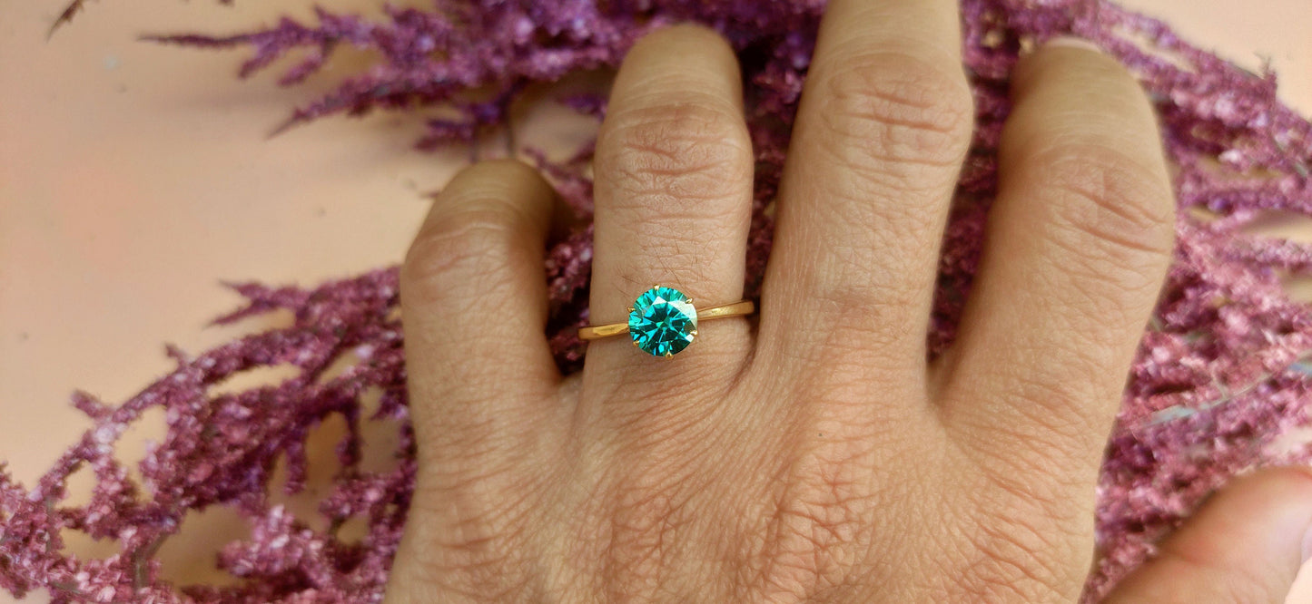 Tulip Lotus Prong Round Green Moissanite Solitaire Engagement Ring, flower basket ring Promise ring, proposal Ring, Ring for her