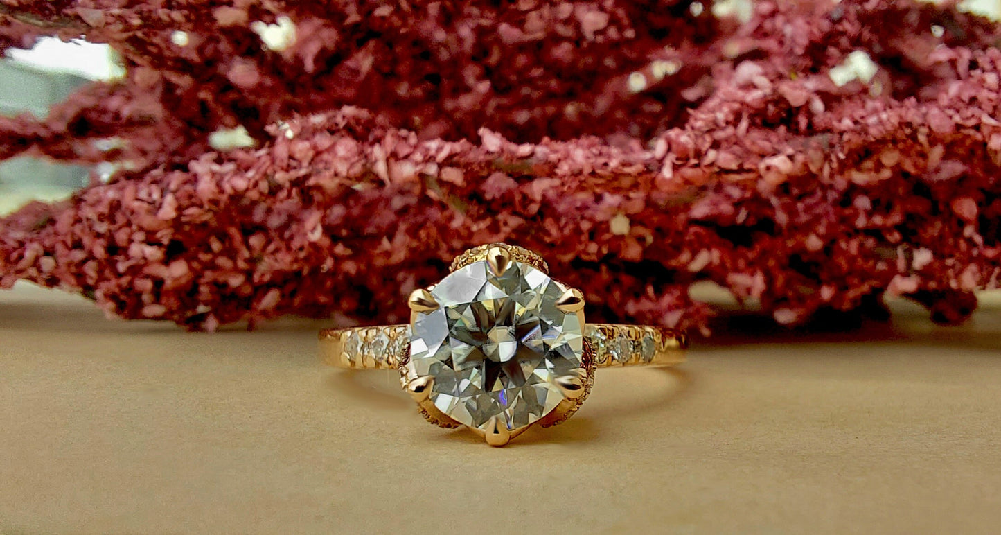 Tulip Pave basket Round  with French Pave Band Moissanite Solitaire Engagement Ring, Lotus Prong with flower basket Promise\proposal Ring.