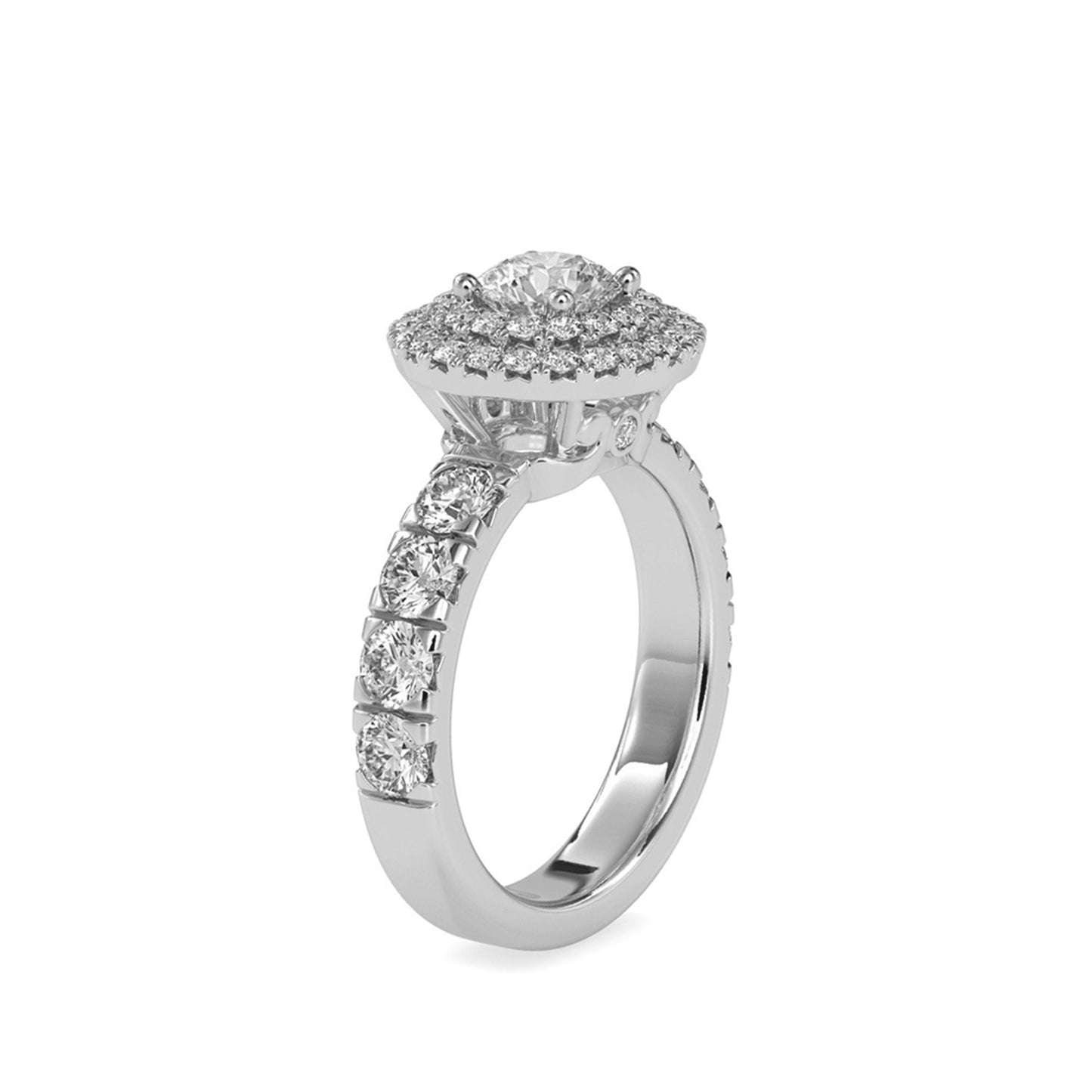 Vintage-inspired double halo Round cut Moissanite ring with french Pave band, cathedral set Engagement ring