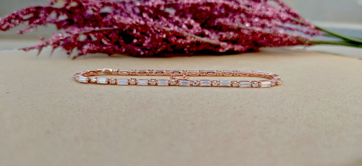 Ready to ship Moissanite Baguette & Round Tennis Bracelet in 7 inch size and in 10k rose gold, Birthday Gift for girls\women