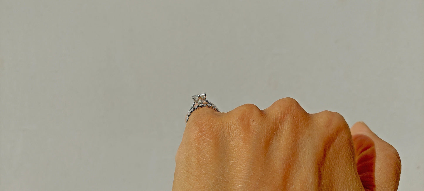 Tulip Lotus Prong French Pave Band Round Moissanite Bridal Set, flower basket , Petal Prongs, Promise\proposal Ring.