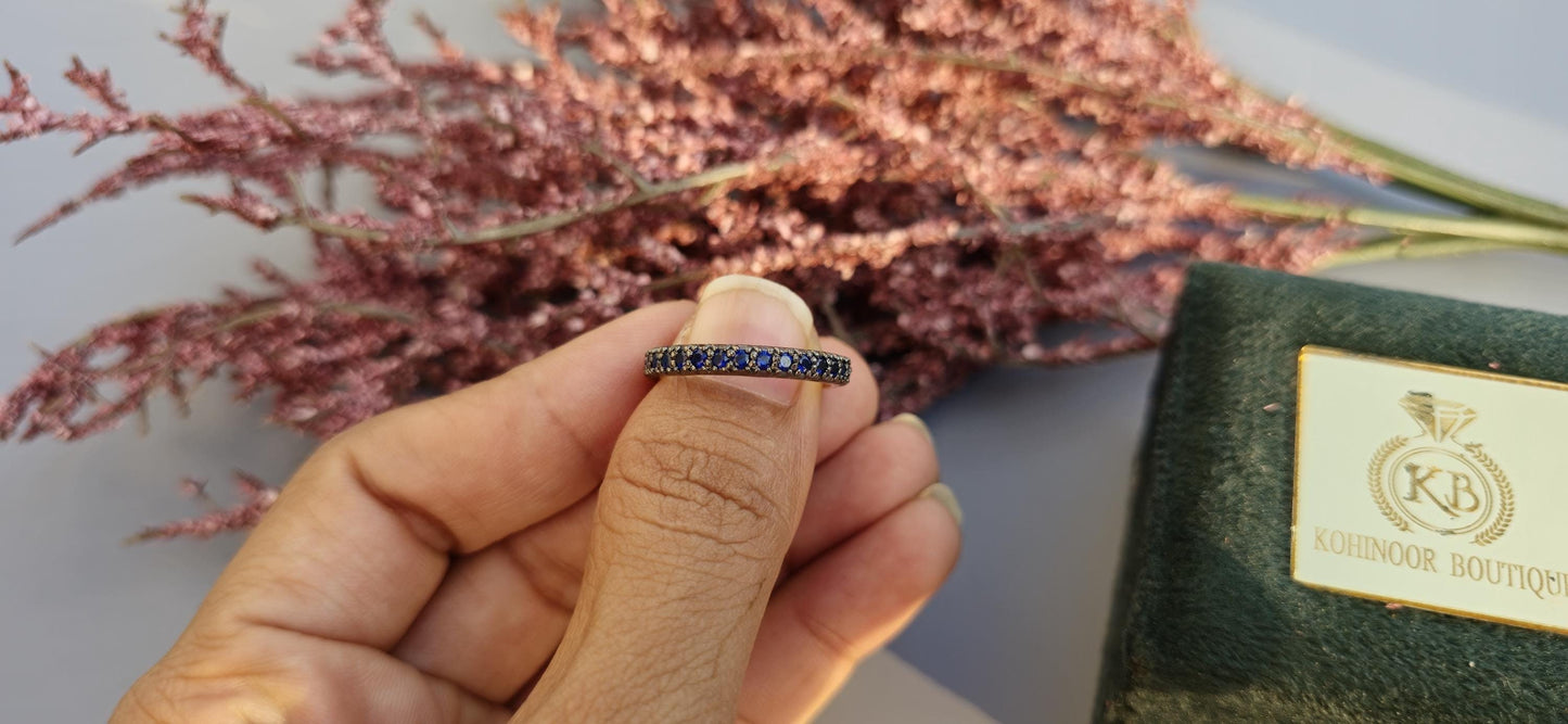 Lab grown Blue Sapphire Georgian Cut-Down Blackened Gold eternity band, also available in half eternity, wedding band for women