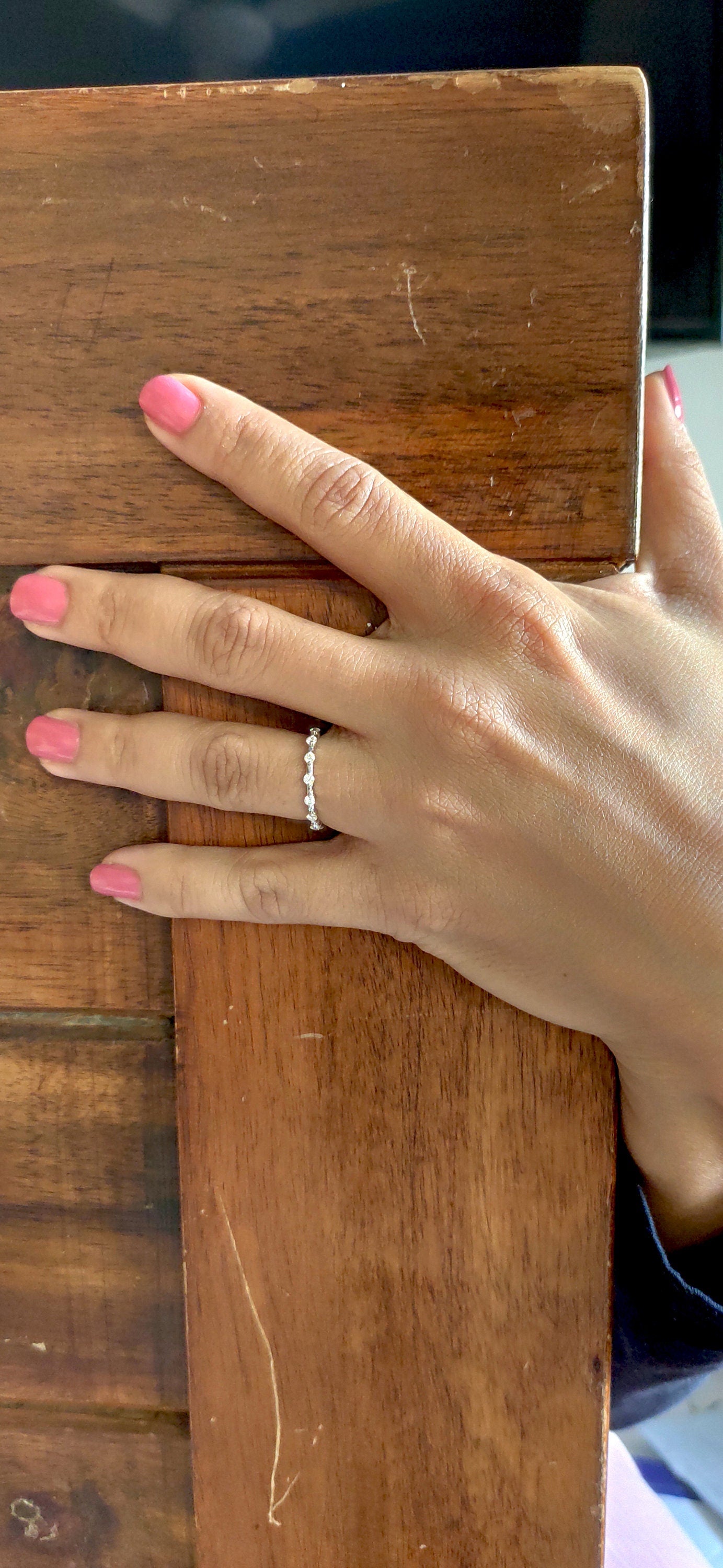 Floating Moissanite wedding band, Half\Full eternity Distance wedding ring, stackable minimalist dainty ring, ring enhancer