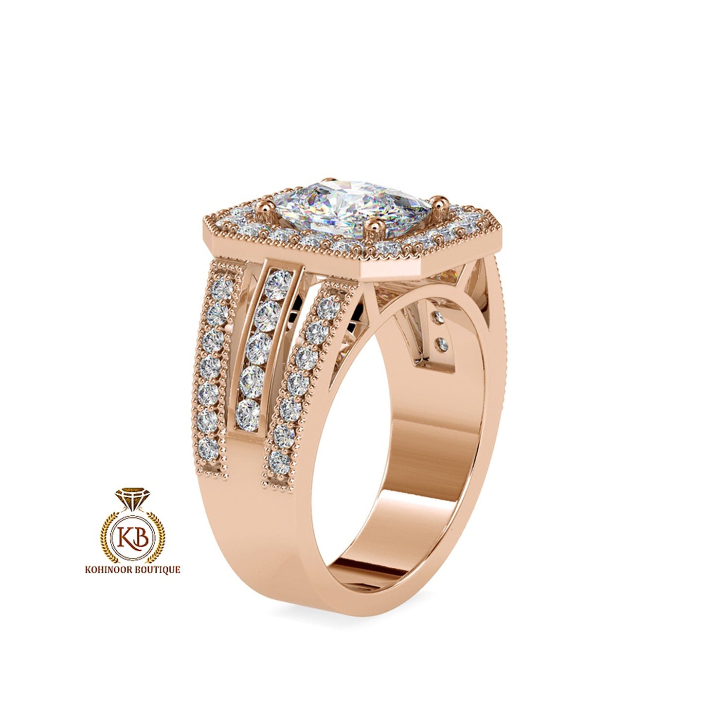 Cushion milgarin halo with Side 3 Pave Band, Cathedral milgrain setting Moissanite Engagement\ ring, ring for women, art deco ring.