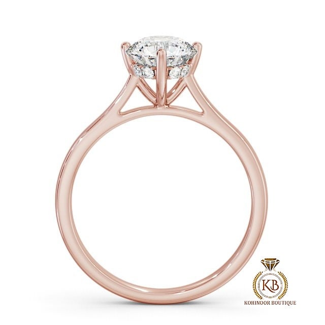 Compass prong set Round Cut Hidden Halo Cathedral set Solitaire Moissanite Engagement ring, ring for her, proposal ring, gift for women