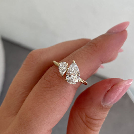 Toi et Moi Big and small Pear Moissanite two stone Engagement ring, Double stone ring, Mother and children ring, forever together