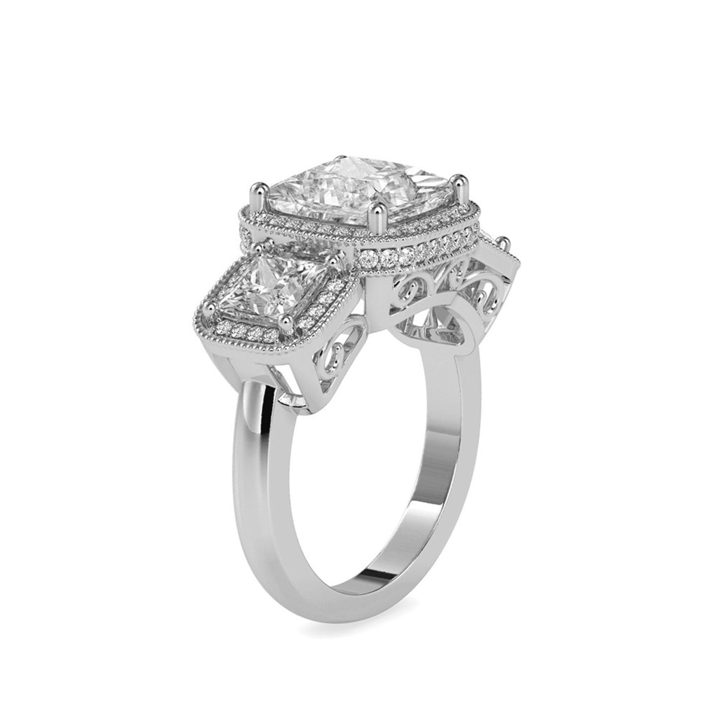 Vintage-inspired Princess cut Moissanite milgrain bezel set Halo with under halo 3 stone Moissanite Engagement ring.
