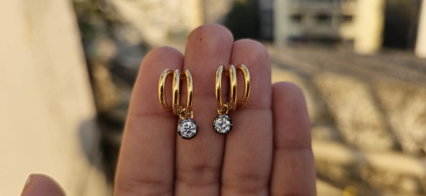 Round Moissanite button back Georgian cut down tripset hoops ,2 in 1  statement earring, blackened gold earrings.