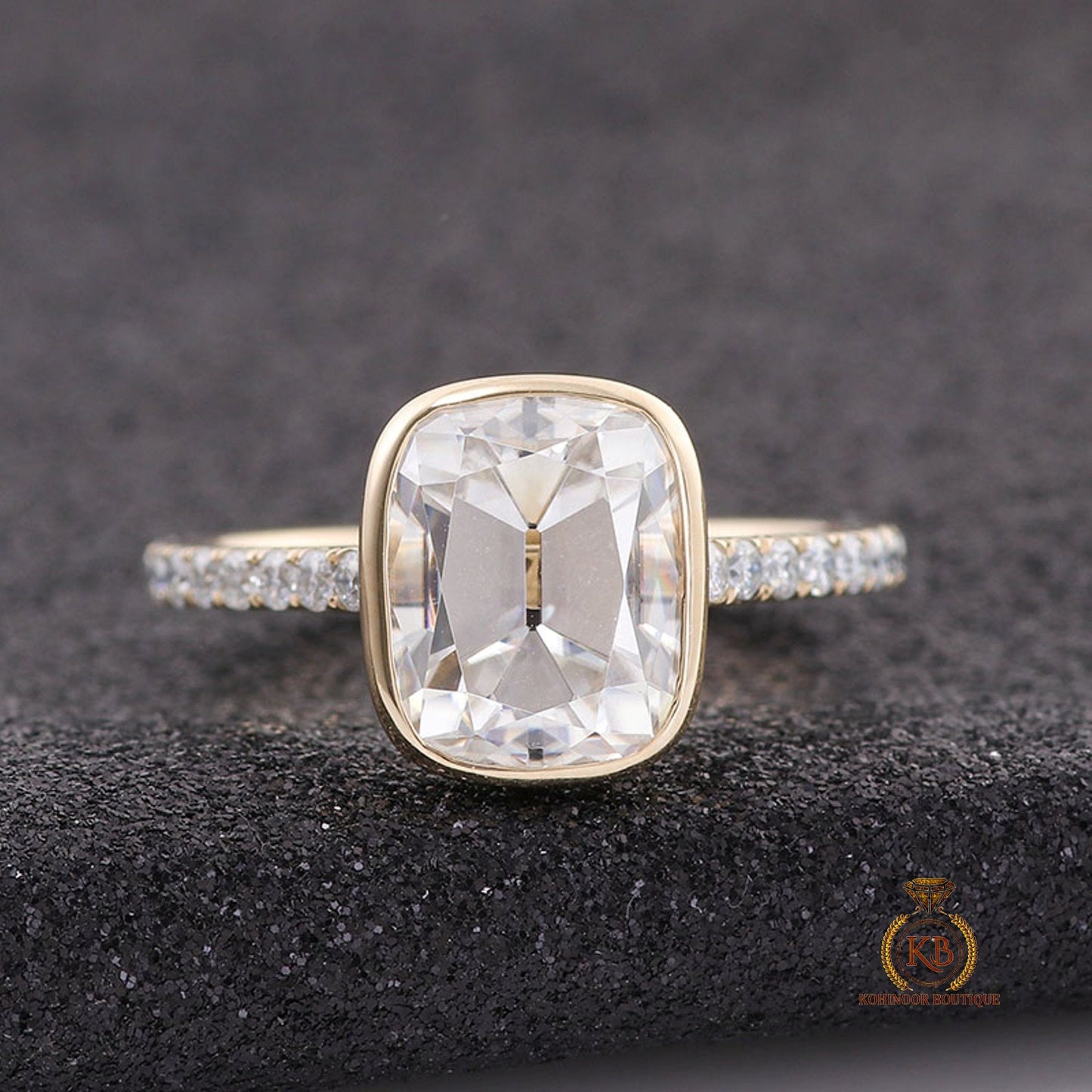 Old Mine Cut OMC Elongated Cushion Cut Bezel Cathedral set with side pave Moissanite Engagement Ring, Antique Bezel Set ring.
