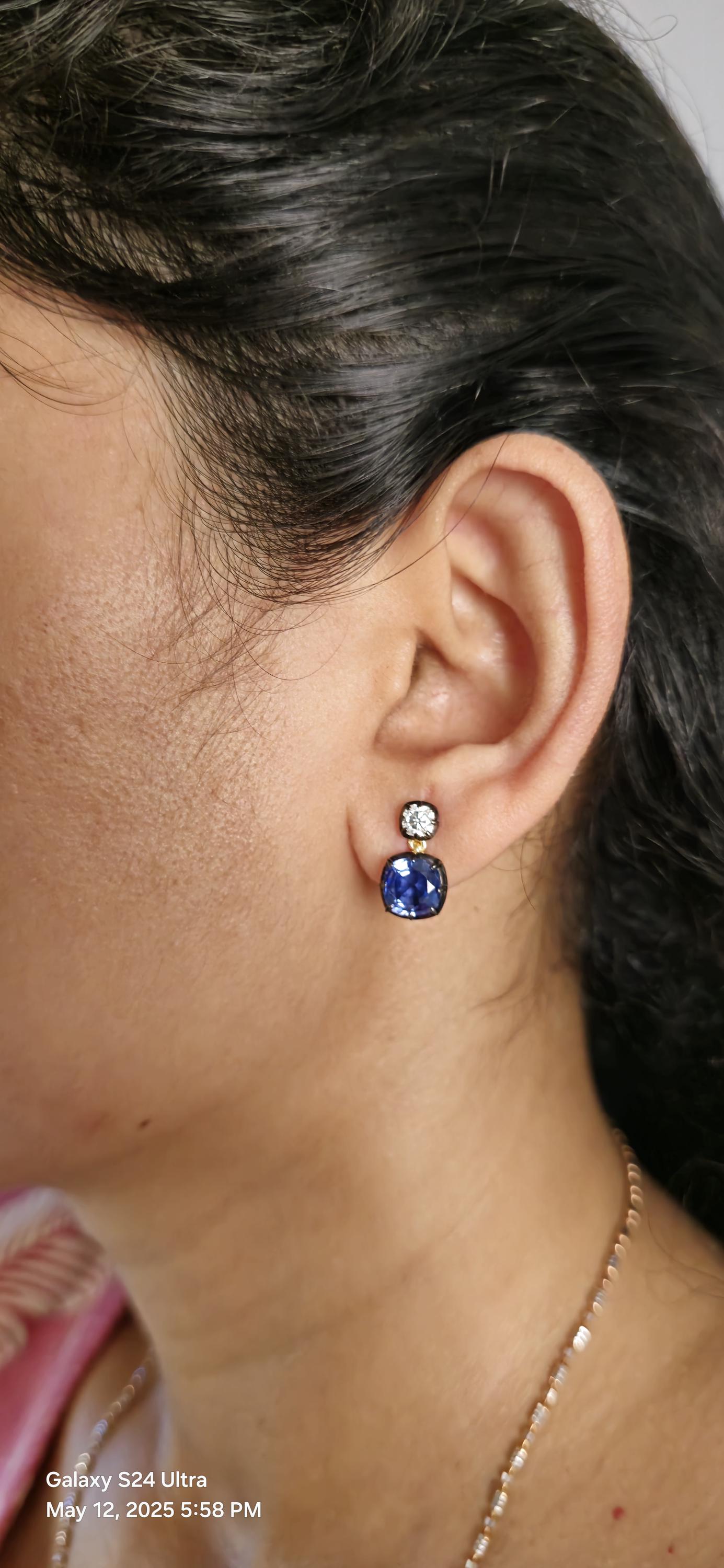 Georgian cut down button back set cushion moissanite and lab grown sapphire earrings, Earrings for women