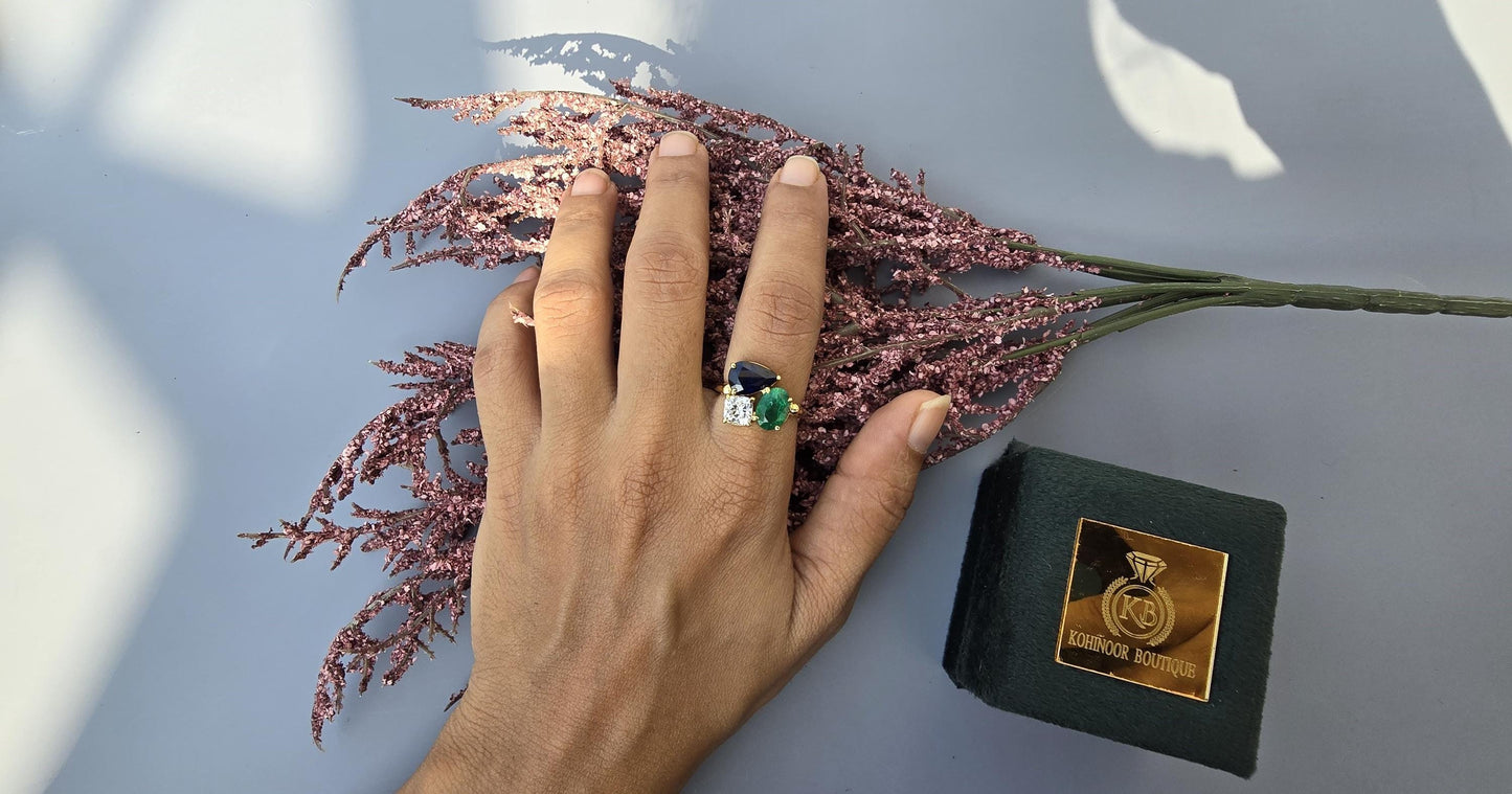 Natural Emerald Oval, Natural Sapphire Pear and Lab grown Cushion Diamond Trilogy 3 stone Engagement Ring, Ring for her, Gift for Her