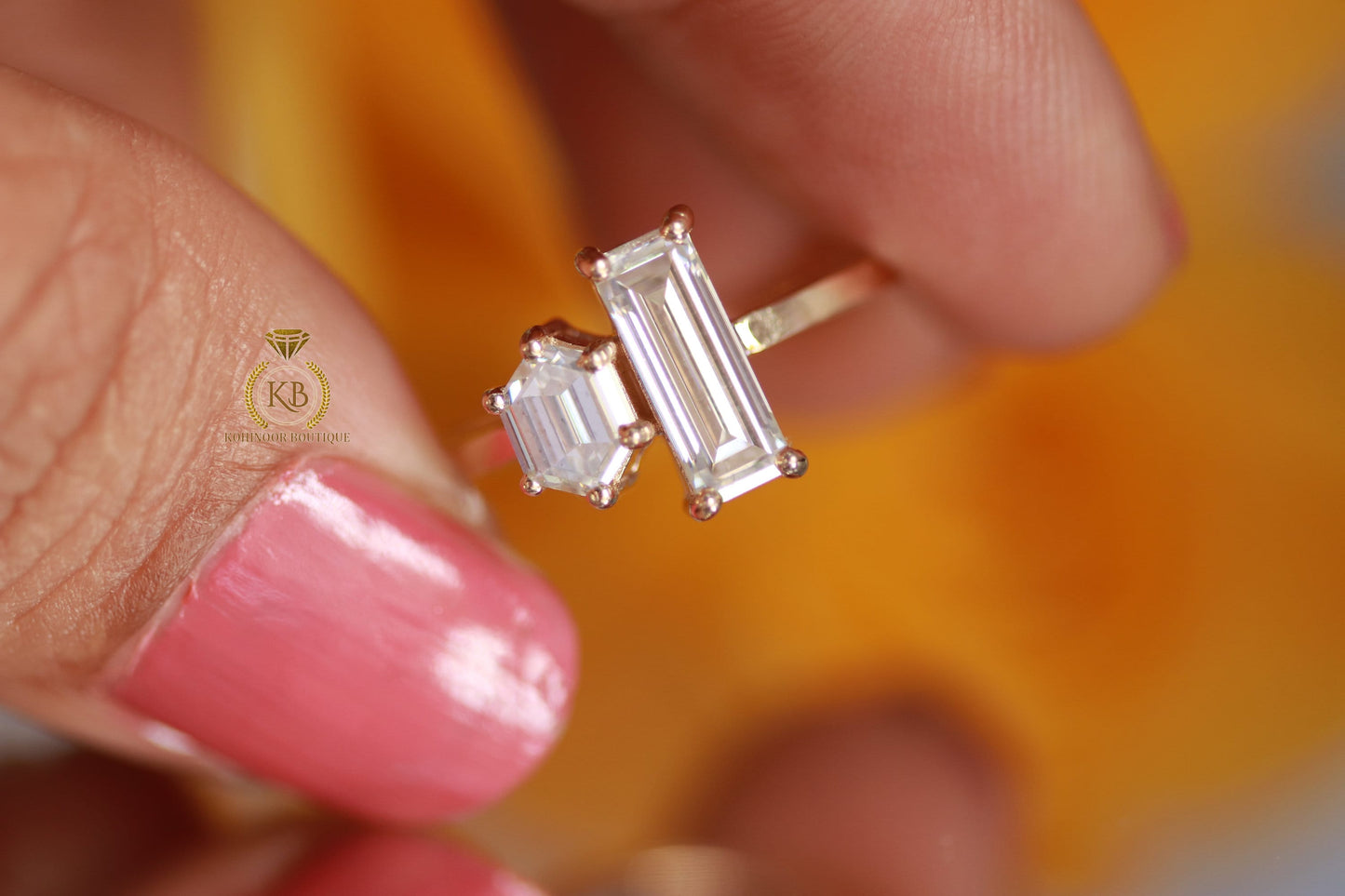 Baguette & hexagon moissanite Toi Et Moi two stone Engagement ring, wedding\promise\proposal ring, gift for her