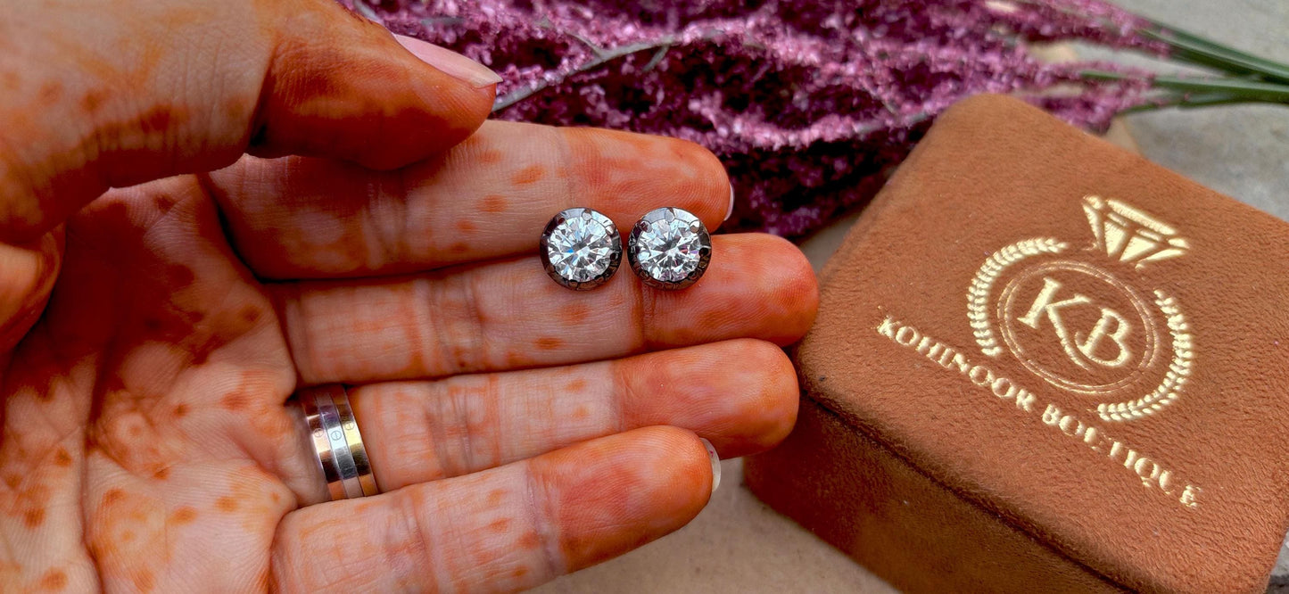Round Moissanite button back Georgian cut down studs, statement earring, blackened gold earrings, studs earrings for women