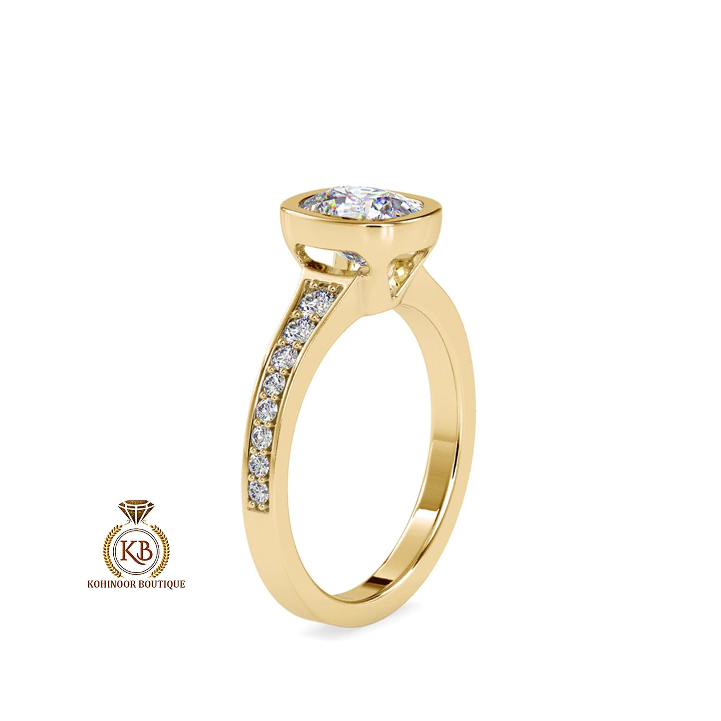 Elongated Cushion Cut Bezel Set Classic Solitaire with open gallery and side pave Moissanite Engagement ring. Ring for her, ring for women.