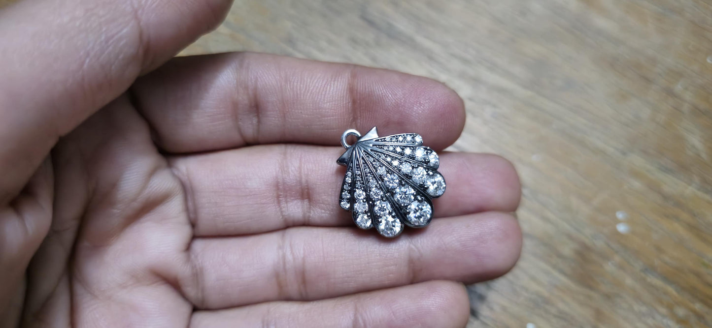 Sea shell charm Moissanite blackened gold Georgian Pendant without chain, Circa Vintage Pendant.