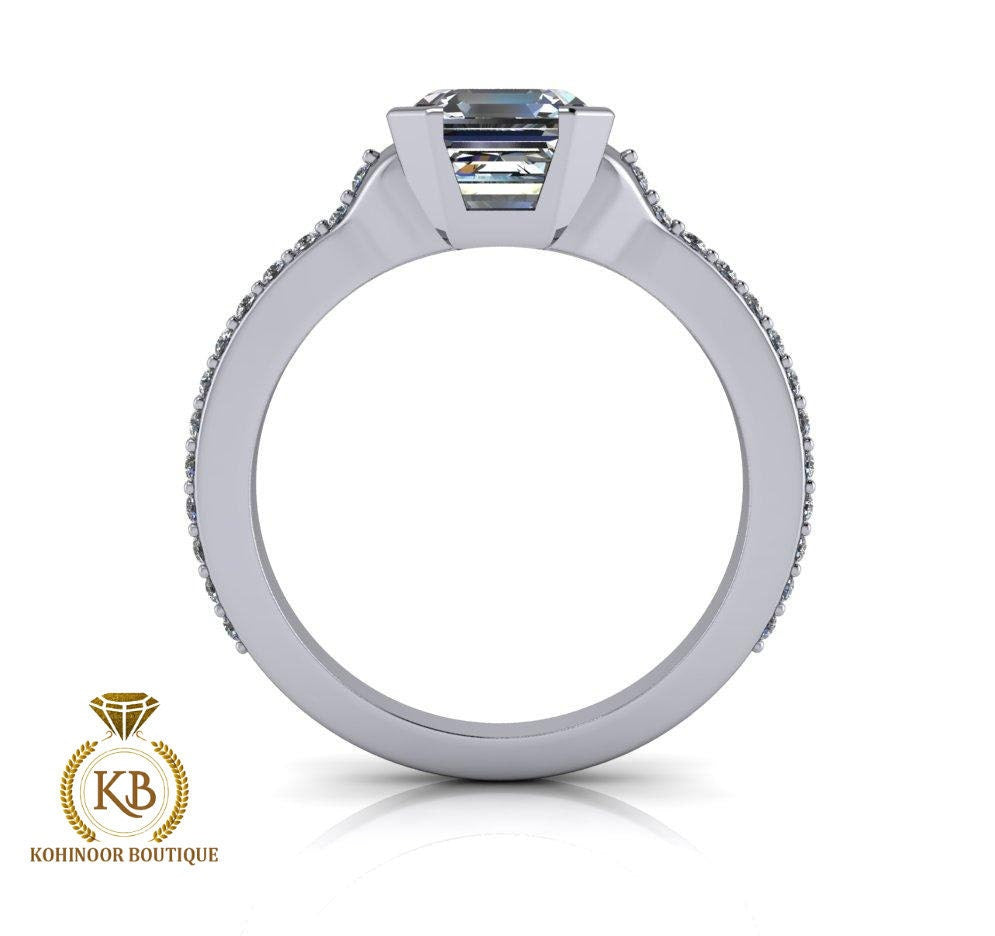 Asscher cut Half Bezel Moissanite Solitaire with side pave Engagement Ring , Promise\proposal Ring with 18k\14k\10k White\Yellow\Rose Gold