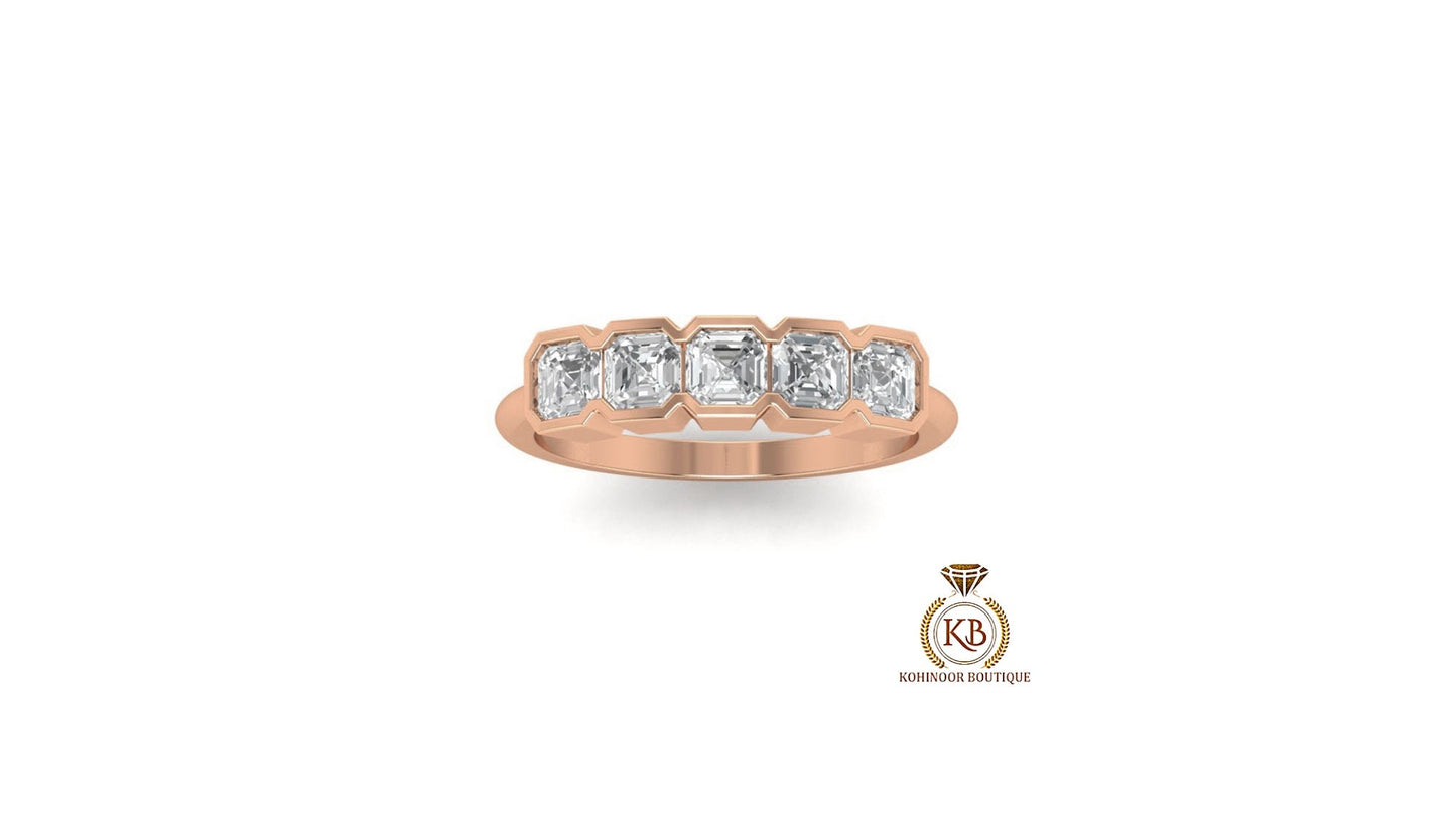 Asscher Cut 5-Stone Moissanite Anniversary half-hoop style  Band, Half bezel Asscher 5 stone band, Gift for wife, Half eternity ring,