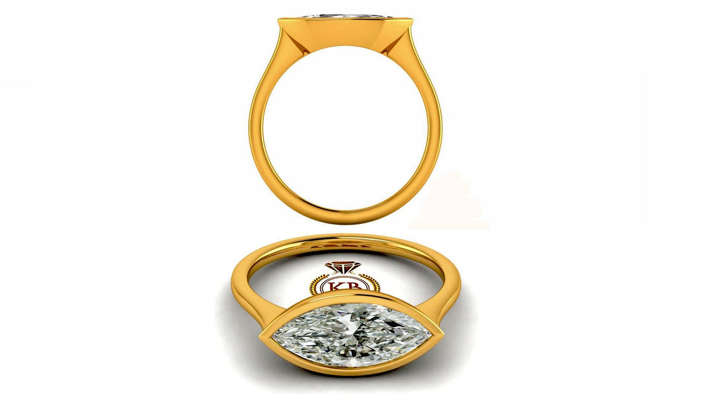 East West Bezel Set Marquise Moissanite Solitaire Engagement Ring, Georgian era Vintage ring, Low profile ring, statement art deco ring.