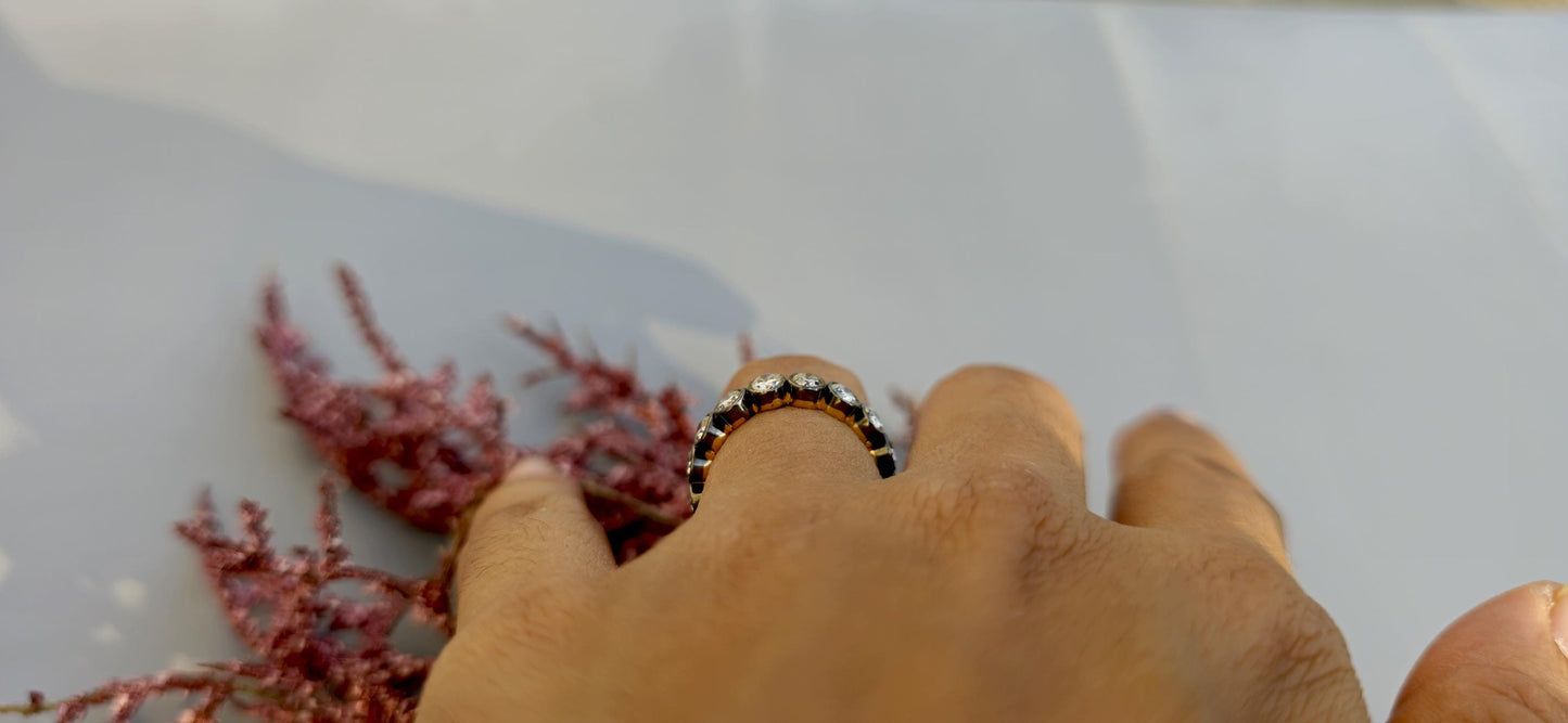 Bezel set Oval Cut Moissanite Wedding band in blackened gold, Full\Half Eternity Ring, Stackable Ring in 18k\14k\10k White\Yellow\Rose Gold