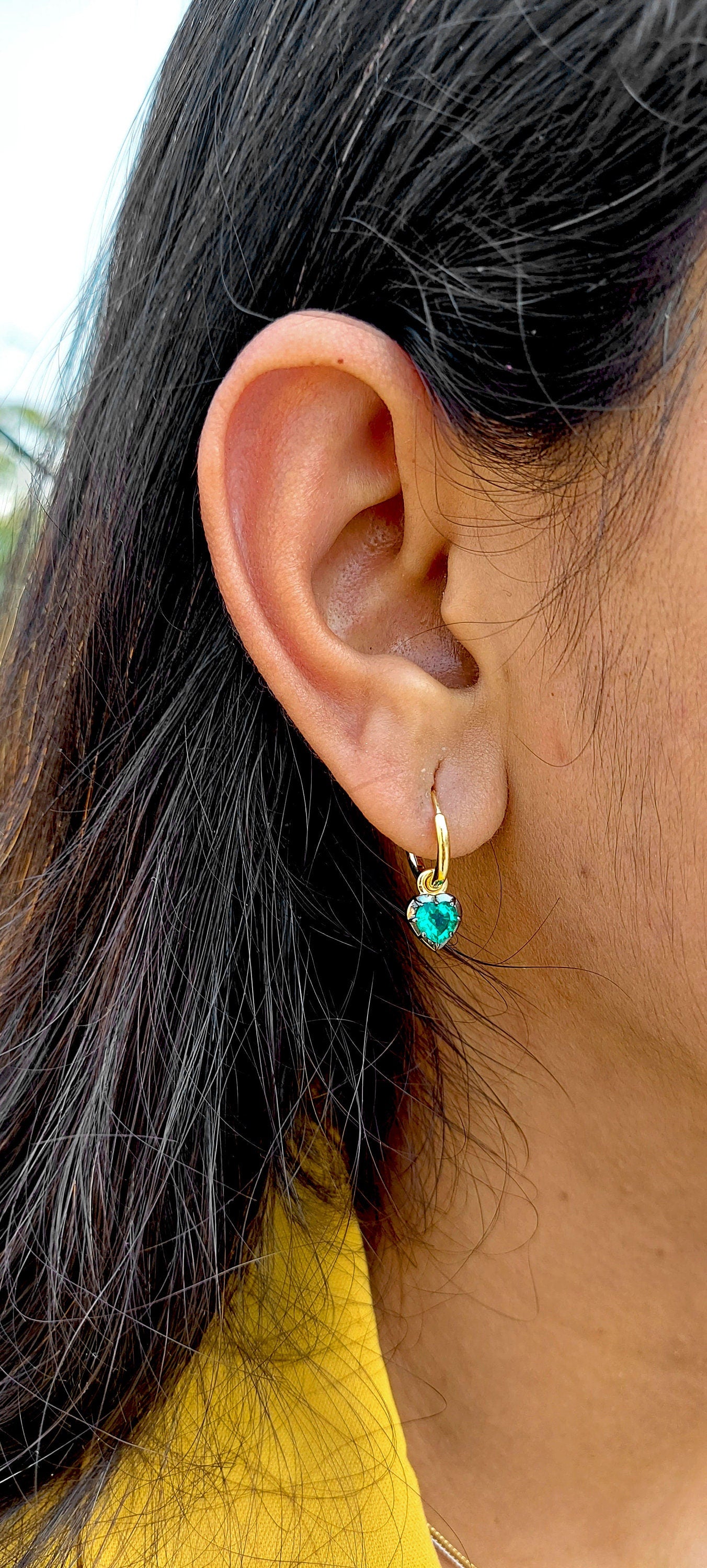 Heart Shaped Emerald button back Georgian cut down Gypset, Emerald Hoops, statement earring, blackened gold earrings.