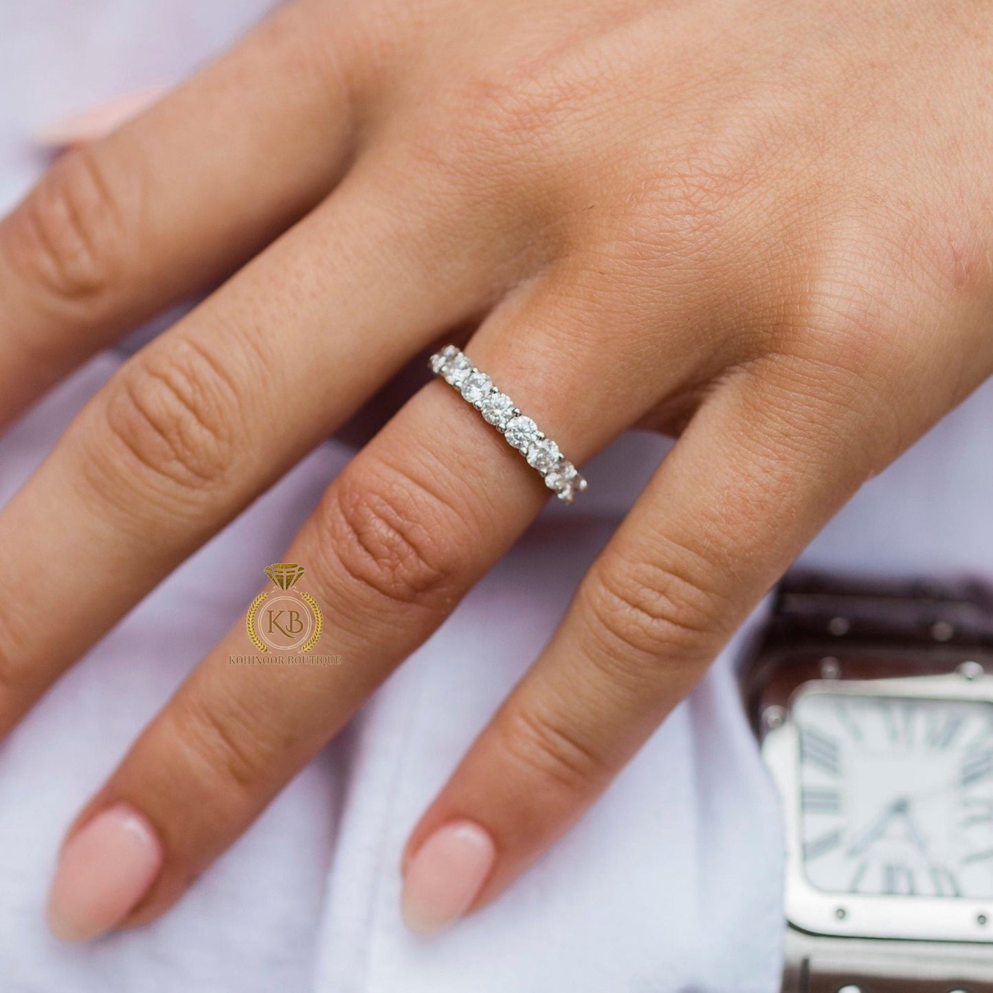 Round moissanite classic wedding band, rings for women, half full eternity ring, gift for women, stackable band.