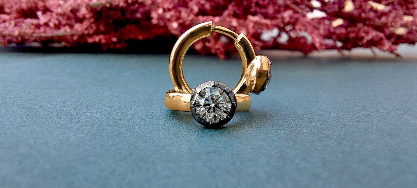 Georgian Victorian Style Moissanite Hoops, Georgian cut down Button back huggie, Blackened Gold Stud Earrings, Wedding Earring.
