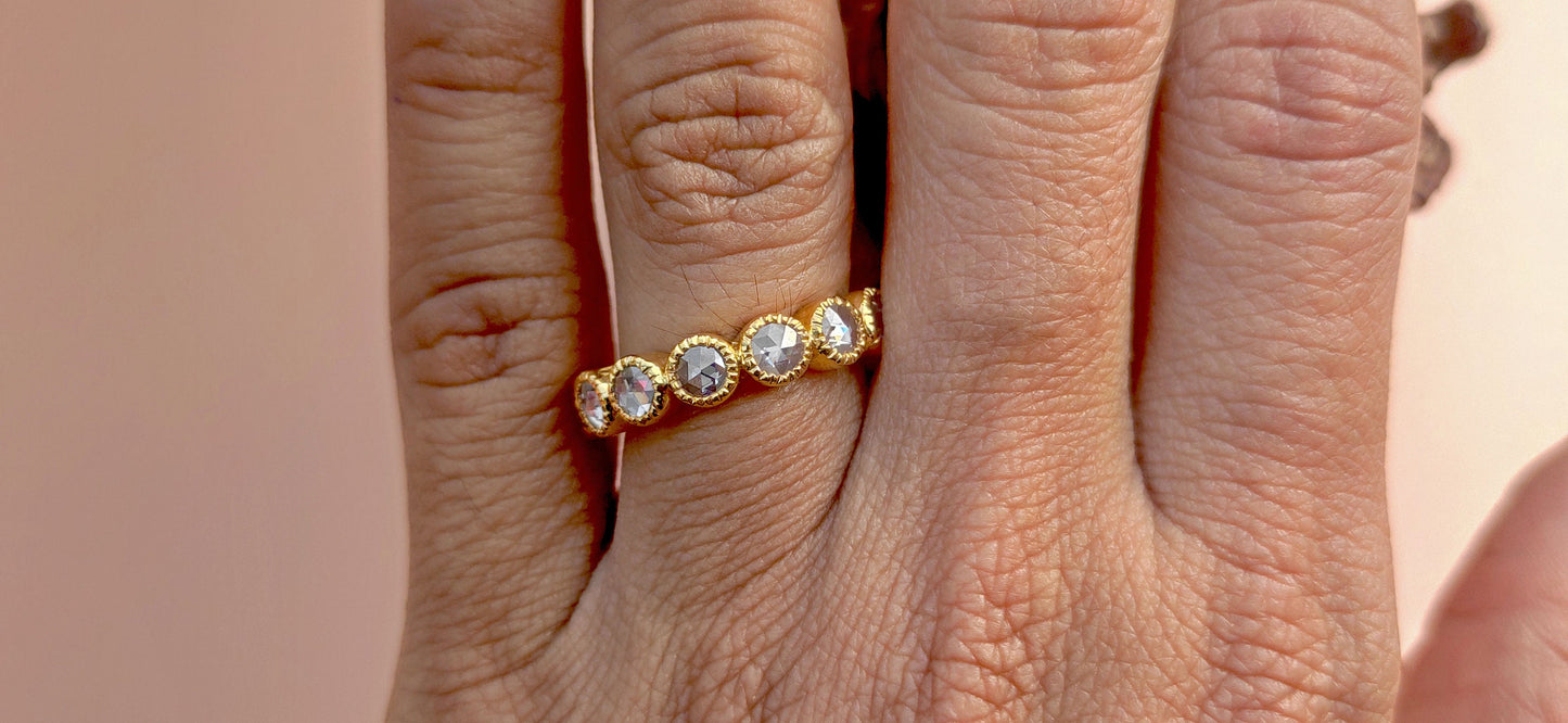 Vintage Rose Cut Round Moissanite Milgrain bezel set Full\Half Eternity wedding band, stackable Vintage ring, Art deco wedding band