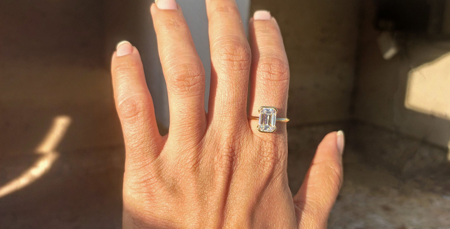 Half Bezel Set Emerald Moissanite Solitaire ring with Knife edge band, Engagement ring for her, ring for women.