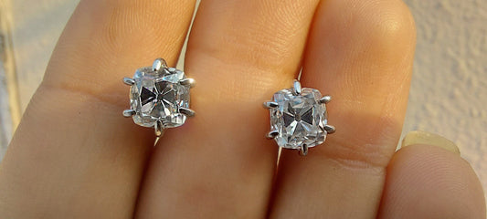 Vintage Cushion Old Mine Cut Moissanite Stud Earrings, Moissanite Wedding Earrings, Push Back Earrings, Anniversary Gift, Circa 1910