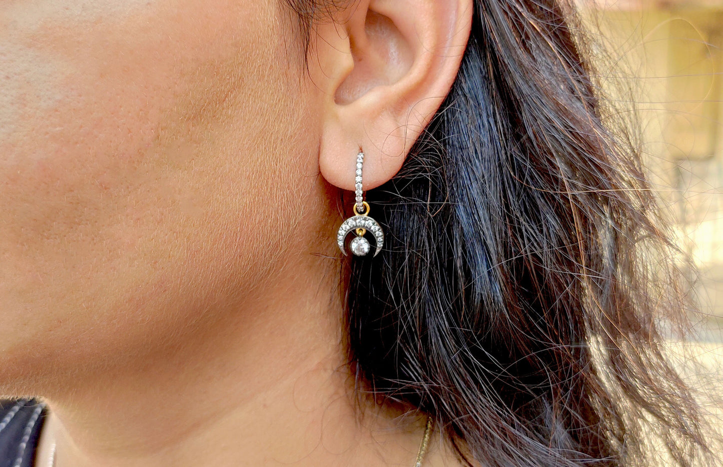 Half moon Moissanite button back Georgian cut down Huggie,2 in 1  statement earring, blackened gold earrings.