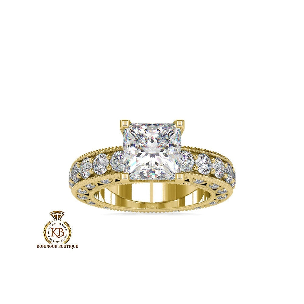 Vintage Princess Cut Moissanite Solitaire Engagement ring with side scallop 3 side pave Band, milgrain detail on band, art deco ring