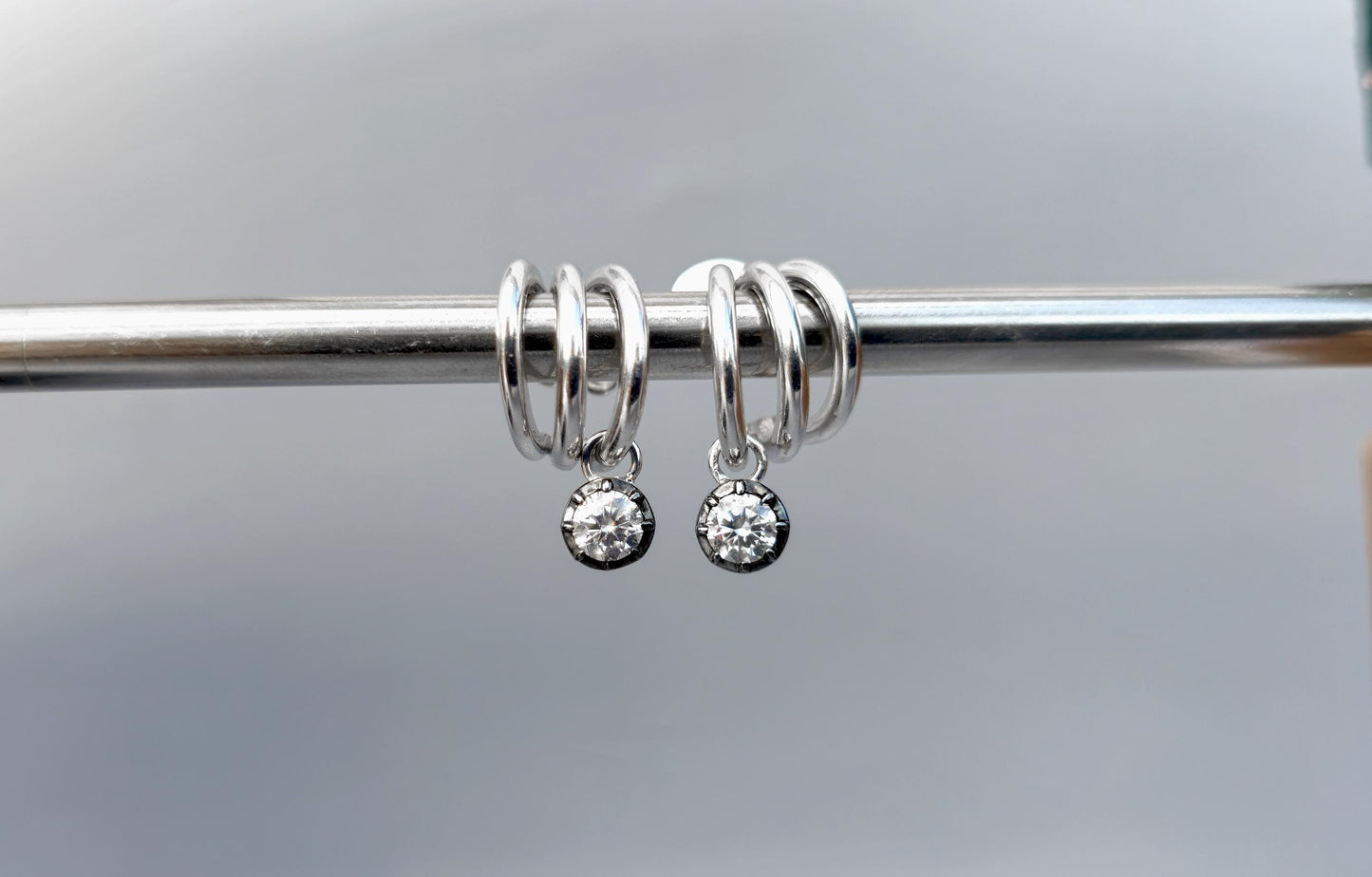 Round Moissanite button back Georgian cut down tripset hoops ,2 in 1  statement earring, blackened gold earrings.