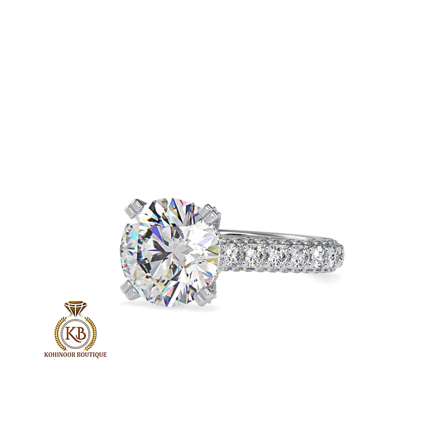 Round Cut Under Halo 3 side pave band Cathedral with pave basket Moissanite Engagement ring, art deco ring, right hand ring