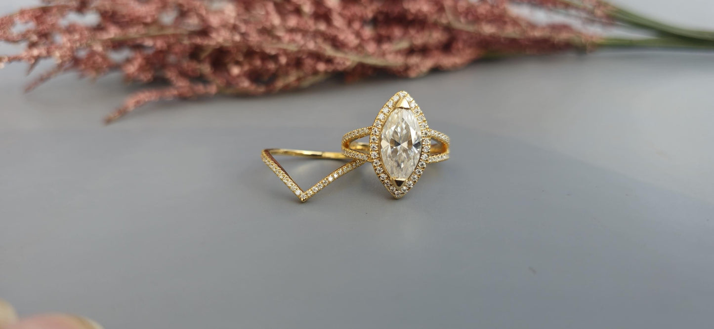 Marquise Cut Halo Moissanite Engagement Ring, Wedding Bridal Set, Anniversary gift for wife, Ring for women
