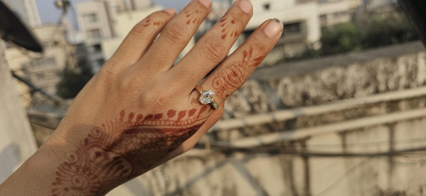 One of a kind Elongated Hexagon shaped Bezel set with Lab grown daimond Solitaire Engagement ring, ring for women, proposal ring