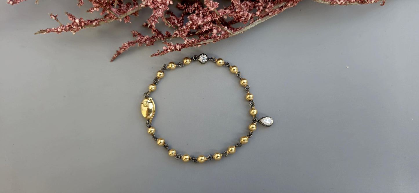Ball n chain blackened gold button back moissanite stackable bracelet with 2 charms of your choice, mention charm shape in personalization