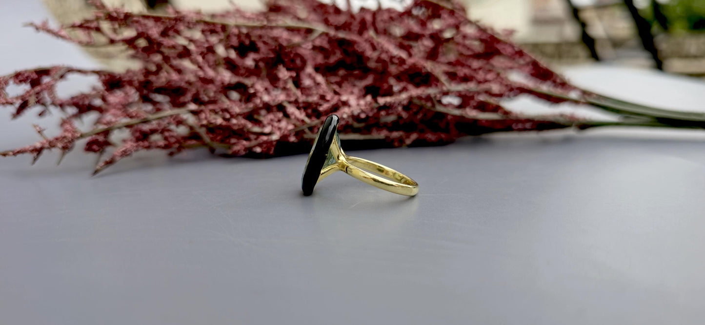 Natural Aquamarine ring with black enamel, Ring for her, party wear ring, statement ring, right hand ring, gift for mother, ring for her