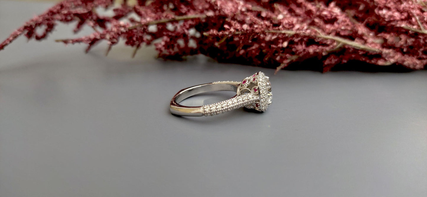Vintage Cushion Cut Cathedral set Moissanite Double Halo double side pave milgrain pave basket with Lab rubies and and pave basket band.