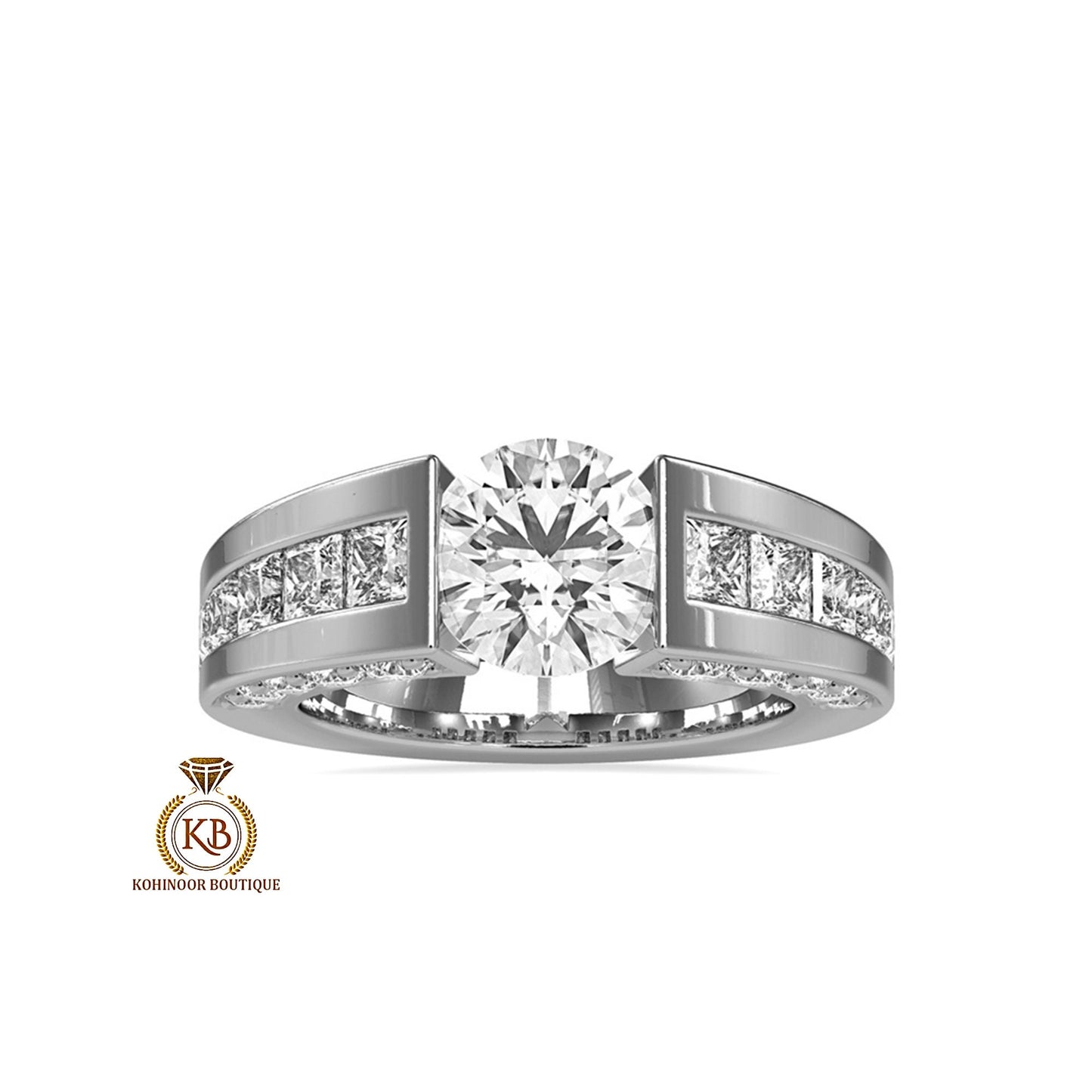 Round Cut Moissanite with princess cut side pave Engagement Ring, Proposal\Anniversary\Wedding Ring for Men\Women\Unisex Band