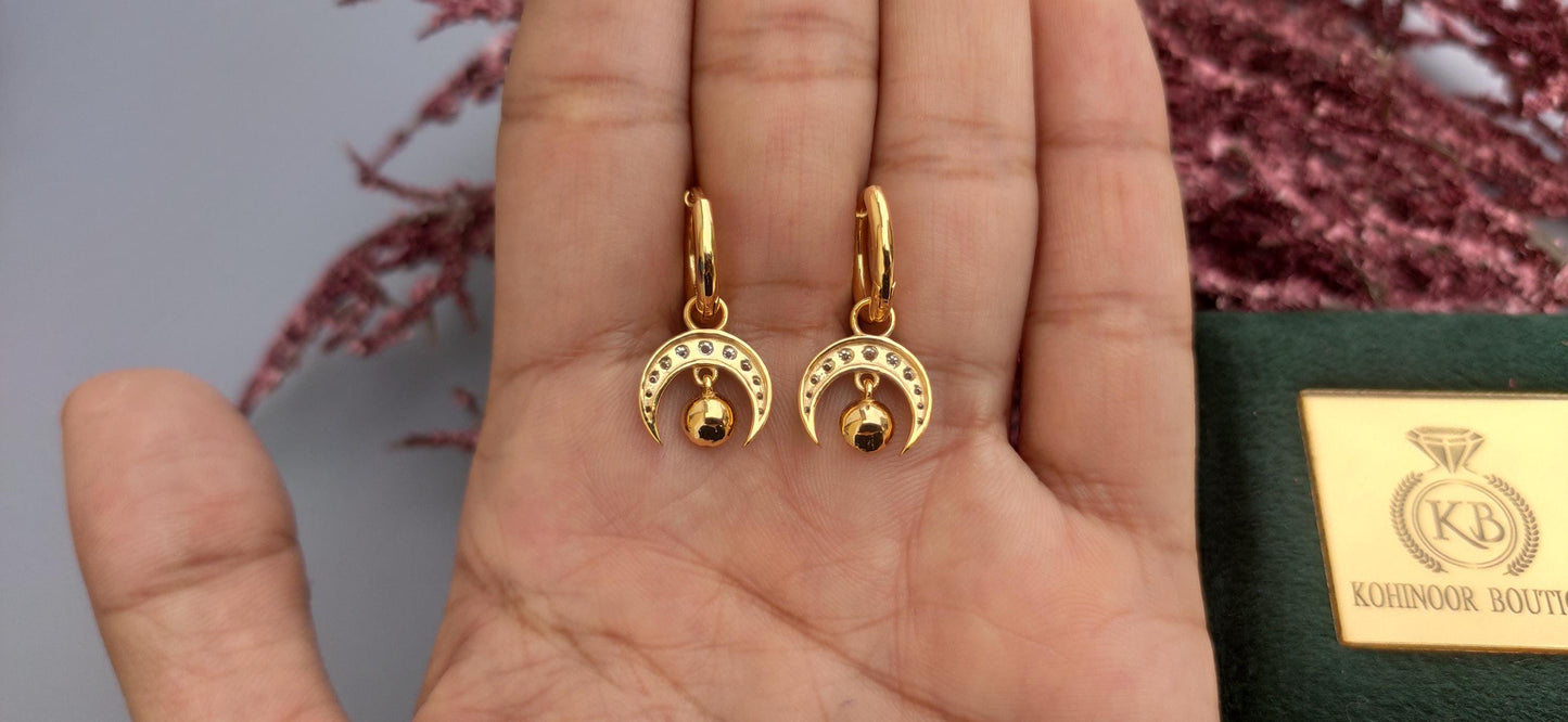 Half moon Lab grown diamond button back Georgian cut down Huggie,2 in 1  statement earring, blackened gold earrings.