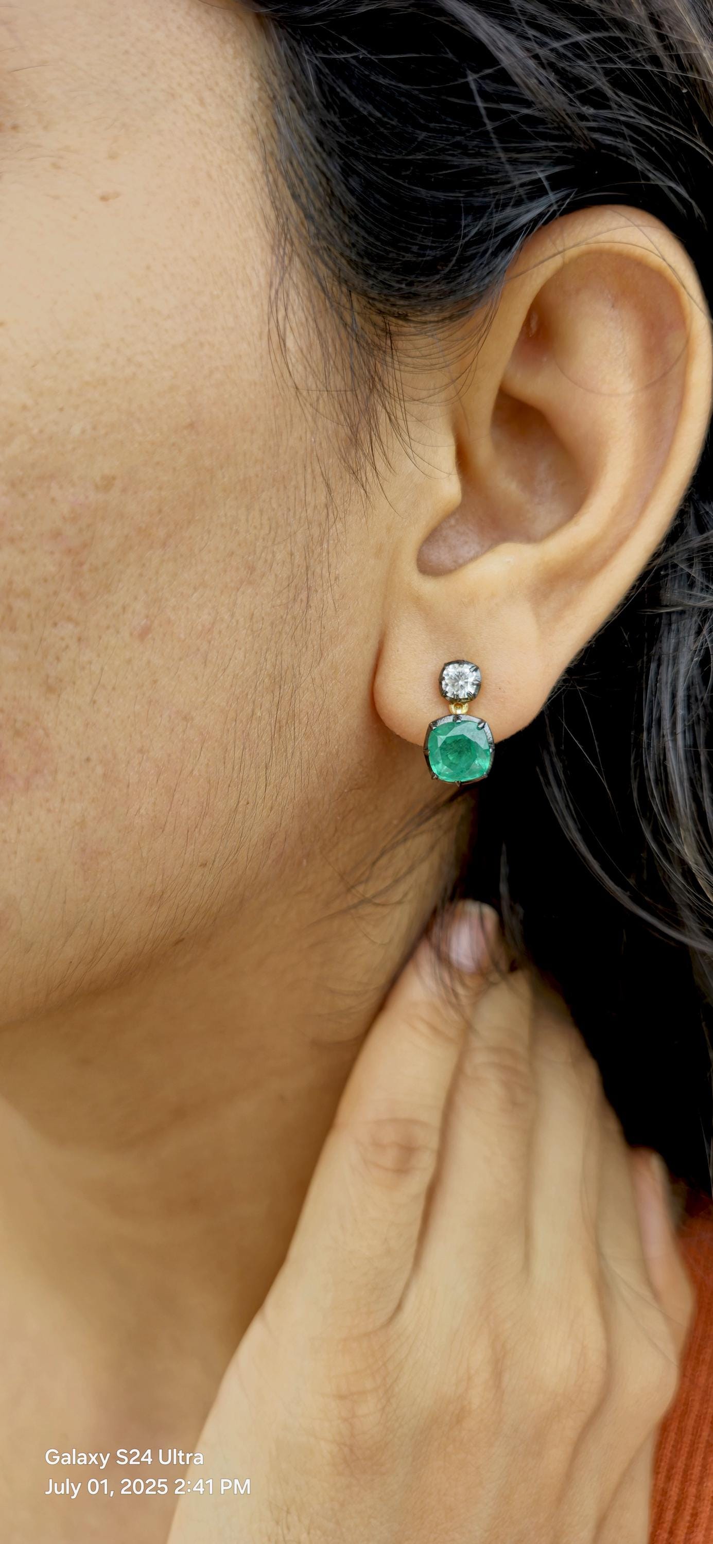 Georgian cut down button back set cushion Moissanite and lab grown Emerald Cushion earrings, Asymmetrical earrings