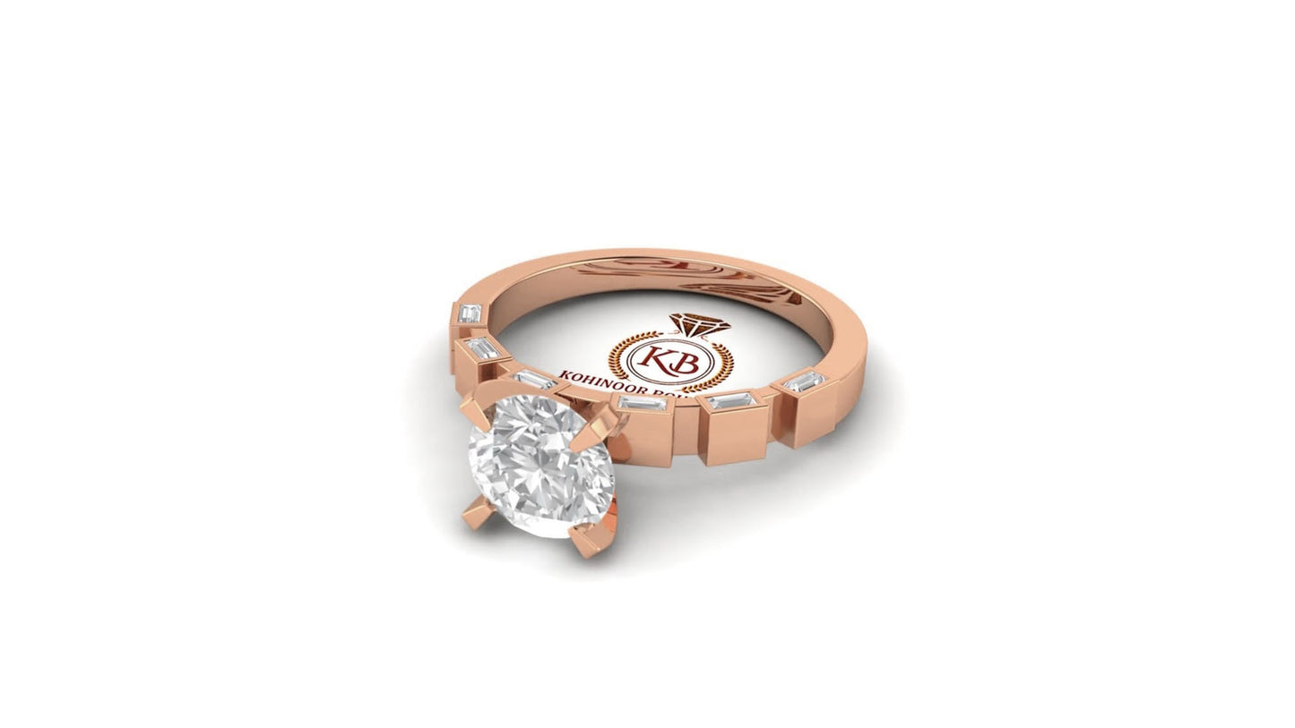 Baguette and Round Cut Moissanite Pave Solitaire Engagement ring, Ring for her, Gift for wife, Rings for women