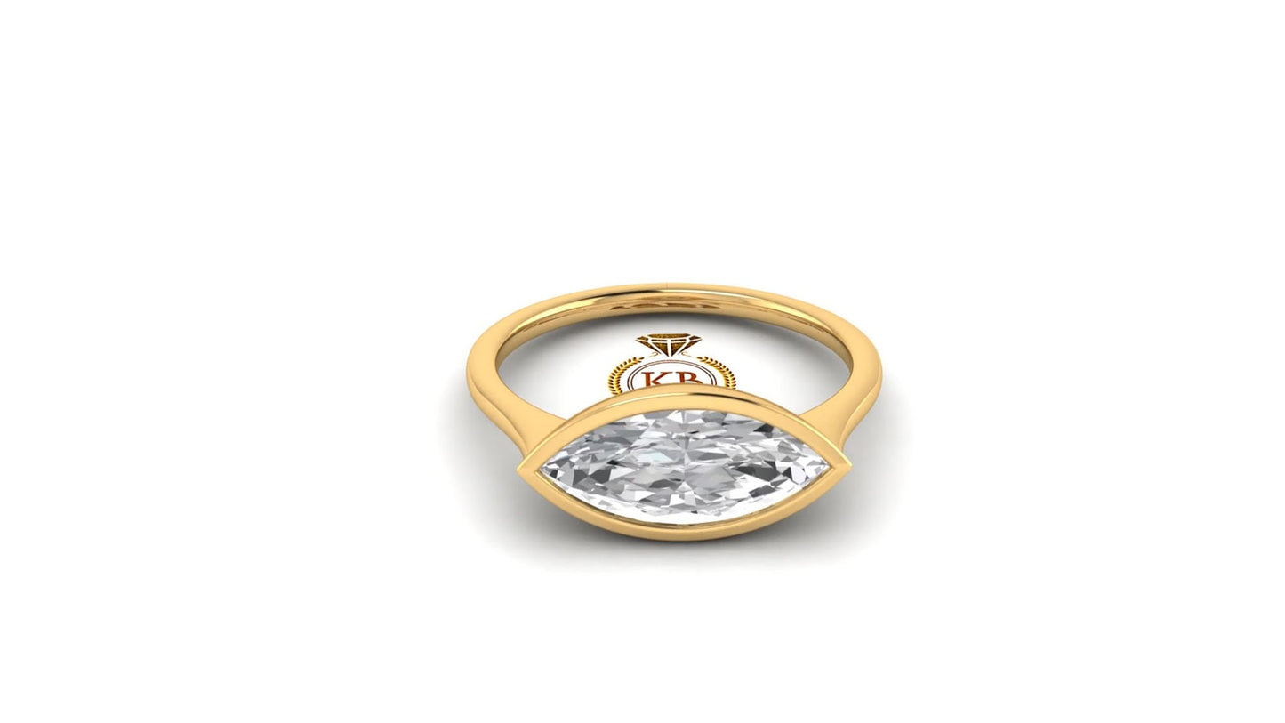 East West Bezel Set Marquise Moissanite Solitaire Engagement Ring, Georgian era Vintage ring, Low profile ring, statement art deco ring.