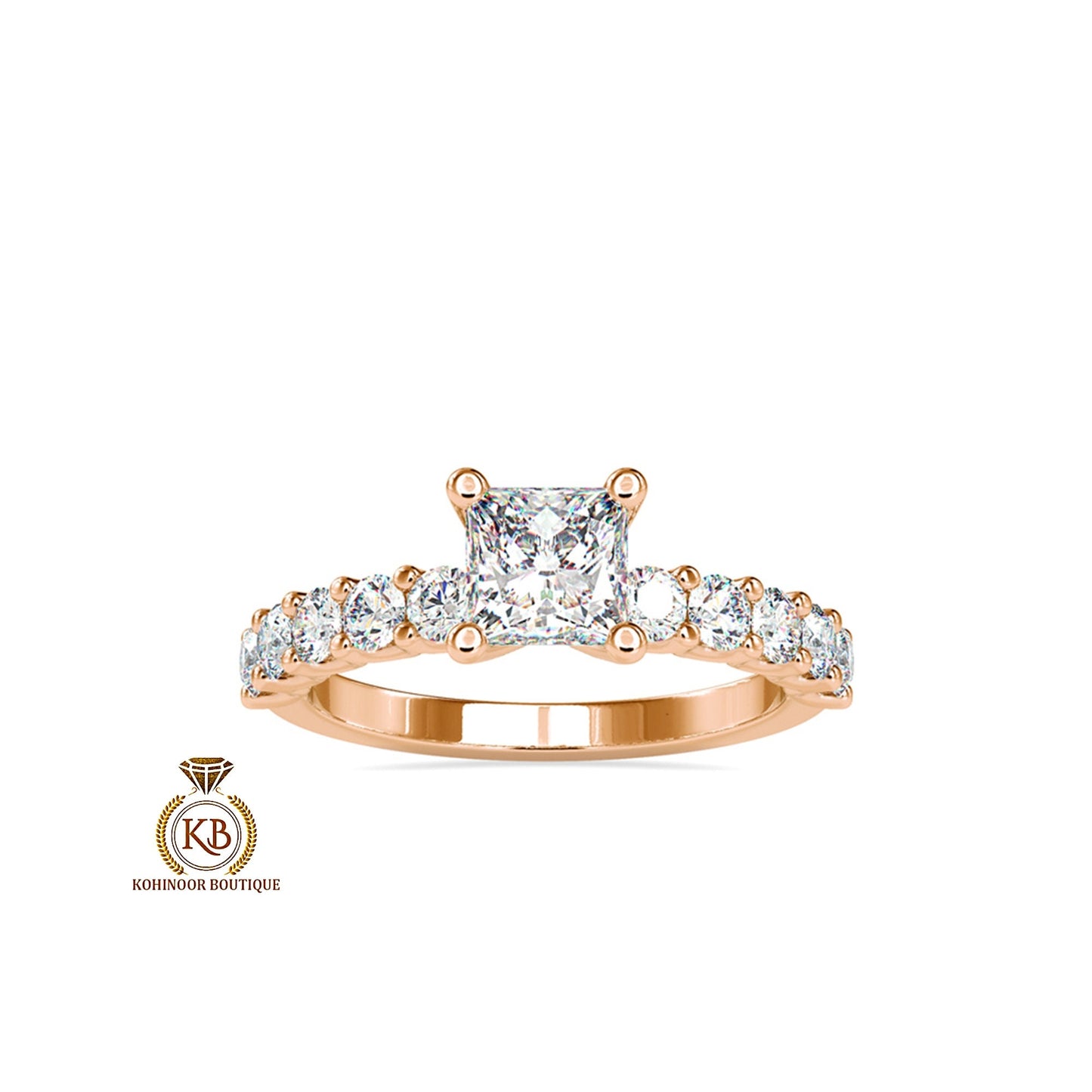 Princess Cut Solitaire with side U pave Band Moissanite Engagement ring, ring for her, gift for her