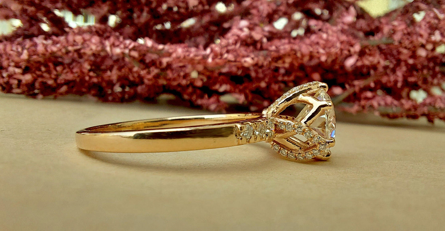Tulip Pave basket Round  with French Pave Band Moissanite Solitaire Engagement Ring, Lotus Prong with flower basket Promise\proposal Ring.
