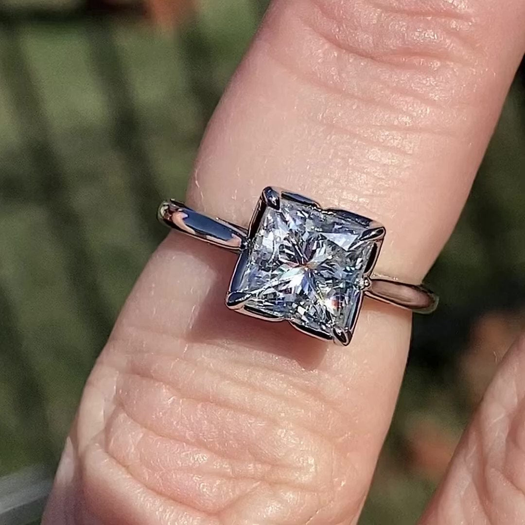 Tulip Lotus Prong Princess cut SGL certified Lab grown Solitaire Engagement Ring, flower basket  Promise\proposal Ring.
